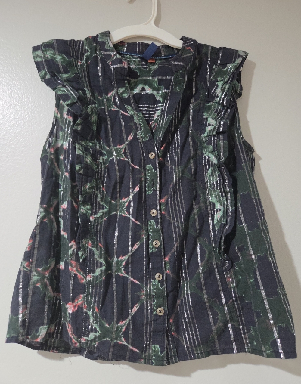 Pilcro Navy Floral Ruffle Button-Front Blouse